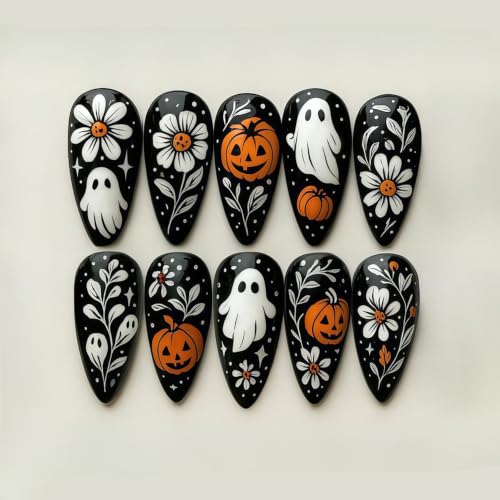 24Pcs Halloween Press On Nails Medium Almond With Ghost Pumpkin Fake Nails - color: Halloween nails-14