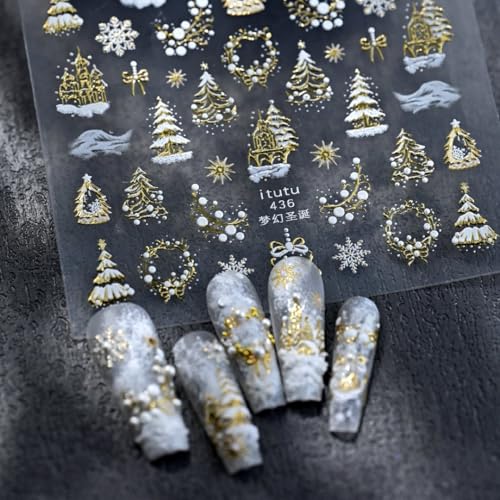 5D Embossed Christmas Nail Art Stickers Self-Adhesive Gold Wreath Xmas Tree Elk Snowflakes Nail Decals for Women Girls Winter Xmas Holiday Manicure DIY Nail Supplies - color: Style-1