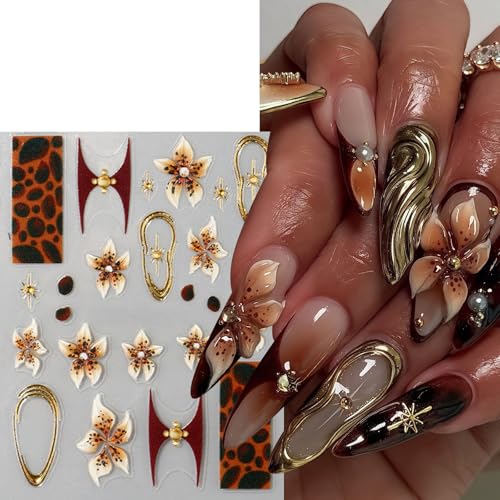 3 Sheets Brown Leopard Print Nail Stickers 5D Embossed Floral Nail Decals Exquisite Line Fall Brown Leopard Print Flower Nails Design Gold Stars Nails Supplies for Women Autumn Winter Manicure Decor - style: leopard flower