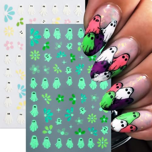 8Sheets Halloween Glow in The Dark Ghost Nail Stickers 3D Self-Adhesive Luminous Ghost Nail Art Decals Spider Web Pumpkin French Nails Design Bats Star Moon Nail Supplies Nail Decorations for Women - style: pumpkin