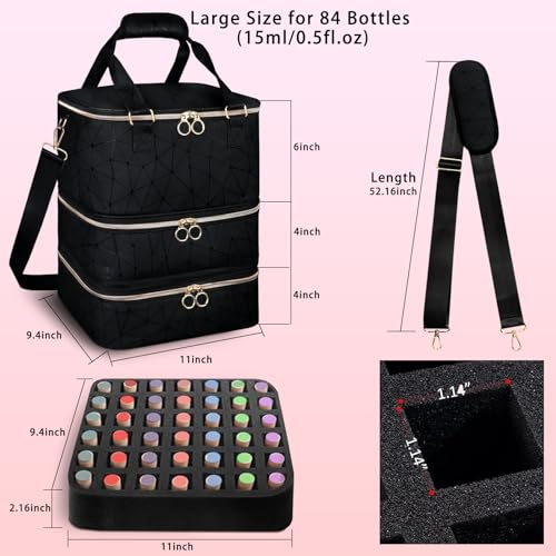 DHXYZZB Nail Polish Organizer and Storage-Holds 84 Bottles (15ml/0.5fl.Oz), Manicure Tools & UV Lamp, 3-Layer Detachable PU Leather Nail Kit Storage Bag, Large Nail Supplies Shoulder Bag (Black) - color: Black