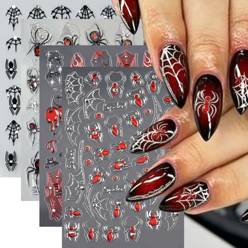 4Sheets Spider Nail Stickers Halloween Nail Decals 3D Self-Adhesive Spider Web Nail Art Stickers with Shiny White Rhinestones Design Goth Halloween Holiday Nails Supply for Women Manicure DIY - color: Halloween09