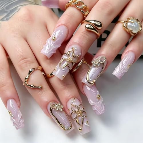 Long Square Press on Nails 3D Flower Fake Nail 24Pcs - color: 38