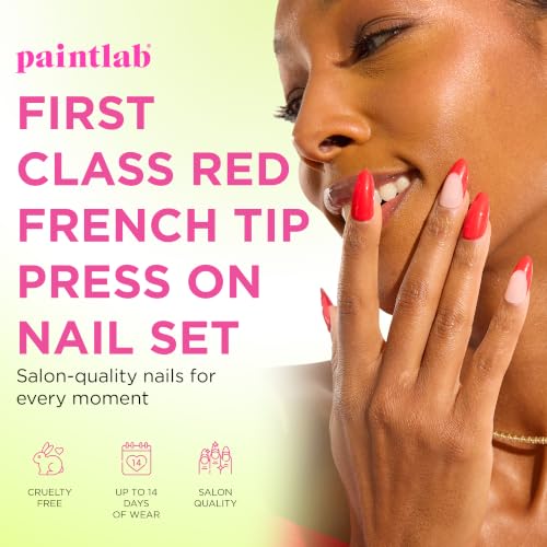 PaintLab First Class Red French Tip Press On Nails, Medium Almond 30pc Nail - color: First Class