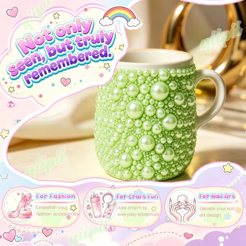 qiipii 2mm-10mm Light Green Flatback Half Round Pearls Gems Nail Charms Kit - color: Light Green, size: Solid Color Half Pearls