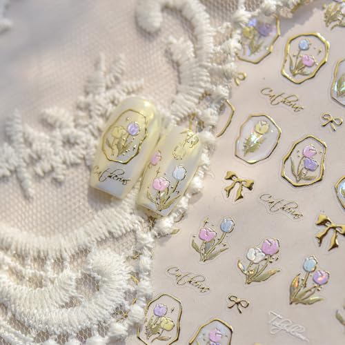 5D Embossed Bow Nail Art Stickers Gold Trimming Flower Nail Art Decals Blue White Tulips Nail Decals Spring Flower Nail Design Stickers Silver Letter Nails Supplies Cute Nail Decor for Women - style: 5D Embossed Nail Stickers-5