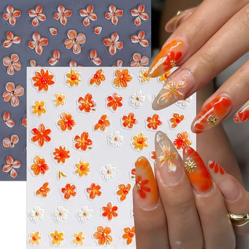 4sheets 5D Embossed Flower Nail Art Stickers Self Adhesive Fall Yellow Flowers Nail Stickers Autumn Orange White Daisy Nail Decals Orange Petal Daisies Nails Supplies for Women Manicure Accessories - style: orange flowers