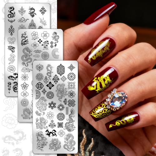 PH PandaHall 3pcs Chinese Dragon Nail Stamping Plate Traditional Patterns Nail Art Templates Vintage Flowers Nails Image Plates Nails Art Stencils for New Year Manicures Salon Design Printing - style: Chinese Dragon
