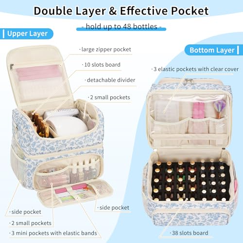 CUBETASTIC Nail Polish Organizer & Storage Bag for 48 Bottles & Full-Size Lamp, Double-Layer Travel Case Box for Nail Supplies, Manicure Kit & Pedicure Tools (Blue Floral, 48 Slots) - color: Blue Floral, size: 48 Slots