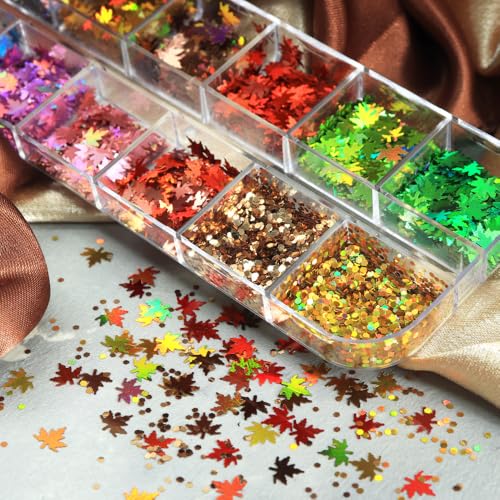 1 Box 12 Color Holographic Fall Leaf Nail Glitter Hexagonal Nail Sequins 3D Maple Nail Flakes Laser Aurora Gradient Glitter Flakes Iridescent Nail Art Glitter Shiny Nail Sequins Glitter for Nail Art - color: YHN25
