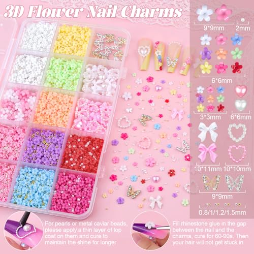 3D Flowers Nail Charms for Nail, Cute Charms Acrylic Nail Flower with Glue - color: 22 15 Grids Nail Decos Set 2 with Glue