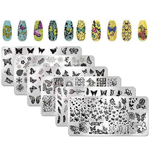 6pcs Butterfly Nail Stamping Plate Nail Stamping Kit for Nails Butterfly Flower Bird Feather Leaf Image Plates Stamper Kit Nail Stamping Plates for Nails - color: Butterfly Nail Stamping Plate