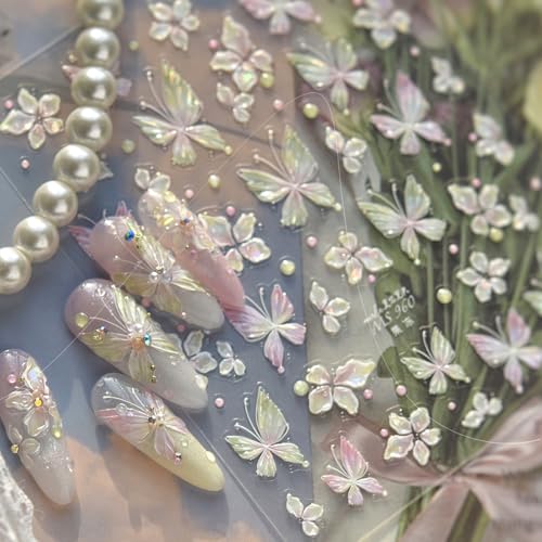 1 Sheet Colorful Butterfly Nail Art Stickers Decals Pink Green Butterfly 5D Embossed Nail Decals Shell Light Butterflies Nail Designs Laser Butterfly Manicure Accessories for DIY Nail Supplies Decor - style: holographic butterfly