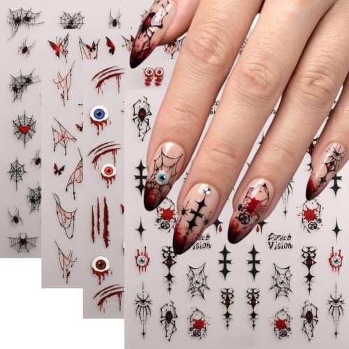4 Sheets Halloween Bloody Nail Stickers Eyeball Spider Web Nail Decals - color: Multicolor5
