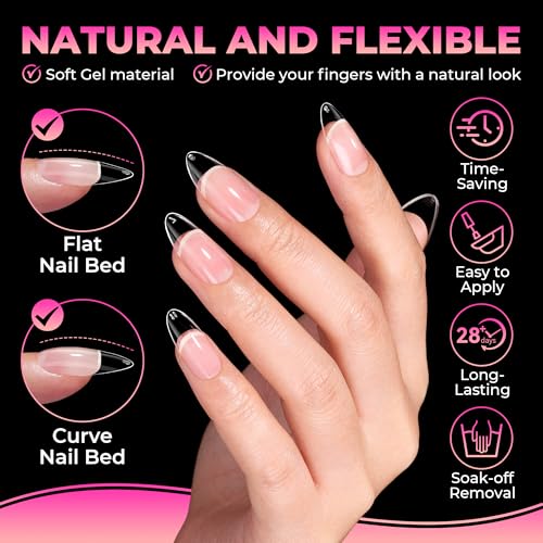UNA GELLA 510Pcs Almond Gel Nail Tips 15 Sizes Pre-Etched Full Cover