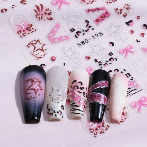 Halloween Gothic Nail Stickers Hollow Star Self-Adhesive Nail Decals 5D Embossed French Tip Nail Art Stickers Y2K Pink Bow Nail Design Stickers Leopard Print Goth Nail Decorations for Women DIY 2Pcs - style: Halloween-5