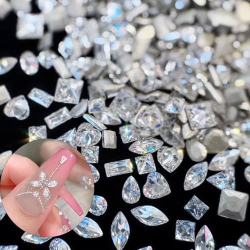 150pcs Shiny Zircon Nail Rhinestones Silver Zircon Mini Nail Clear Rhinestones Multi Shapes Crystal Nail Gems Silver Flatback Gemstones Nail Accessories Nail Supplies (Silver Gem) - color: Silver Gem