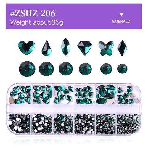 Nail Art Rhinestones Kit Nail Gems Ab Flat bottom special-shaped drill, with Storage Organizer Box/Wax Pencil/Tweezers for Nail Art Craft (Green) - color: Green