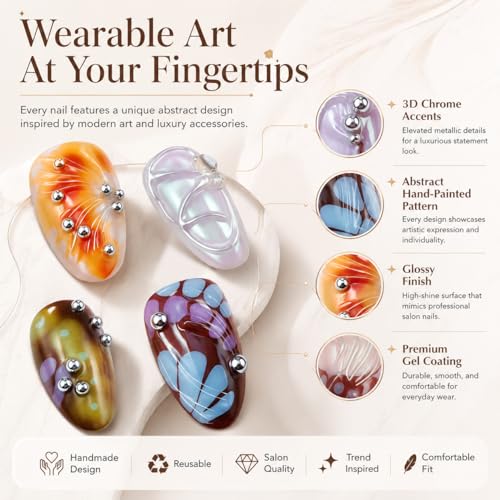 10pcs Handmade Press On Nails Almond, Color Gradient Fake Nails With 3d Silver Rivets, Swirl & Polka Dot Texture, Glossy Y2k Reusable False Nails For Women Salon‑Grade Nail Art(Size S) - color: DXR-309, size: S