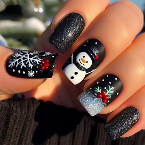 Christmas Press on Nails Silver Glitter Acrylic Fake Nails Cute Snowman Stick on Nail with Snowflake Xmas Red Berry Design Full Cover Christmas Glue on False Nails for Women Girls 24 Pcs - color: Style 44