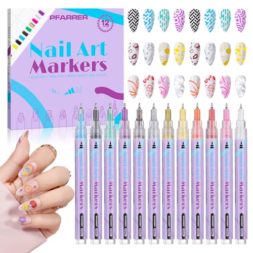 PFARRER 12 Colors Nail Art Pens Set, 0.5mm Fine Tip, Quick Dry - size: 12-piece set