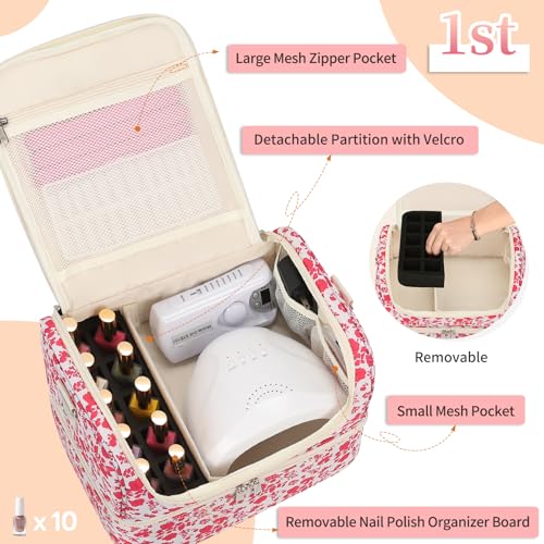 CUBETASTIC Nail Polish Organizer, Nail Supplies Storage Case Holds 45 Bottles Nail Polish & Nail Lamp, Travel Nail Tech Carrying Bag, Nail Kit Bag For Nail Stuff & Manicure Tools - color: Hot Pink Floral, size: 45 Slots