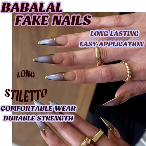 BABALAL Stiletto Press on Nails Long Fake Nails French Tip Brown Ombre Glue on Nails Chrome Acrylic Nails Almond Full Cover Gel Artificial Stick on False Nails