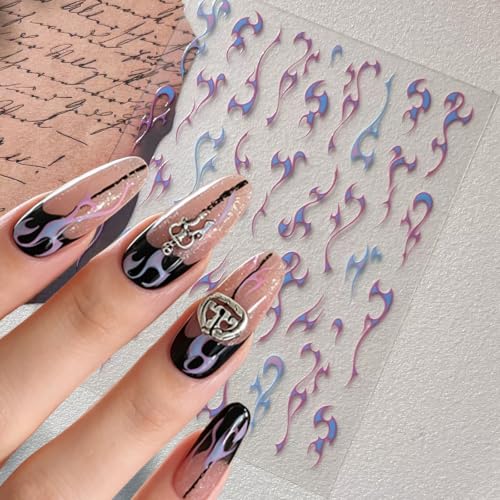 WOKOTO 4 Sheets Halloween Nail Stickers, Spider & Flame Nail Decals in Foil Gold Foil Silver Orange-Red & Blue-Purple, Self-Adhesive Gothic Nail Art Decals for Women Girls Halloween Manicure DIY Nails - color: Spider & Flame