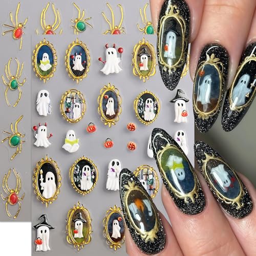 5D Halloween Nail Stickers Spider Ghost Nail Art Stickers Self-Adhesive 5D Engraved Retro Picture Frame Ghost Nail Decals Pegatinas Uñas Jelly Spider Nail Supplies for Women Nails Decorations 2Pcs - style: relief spider