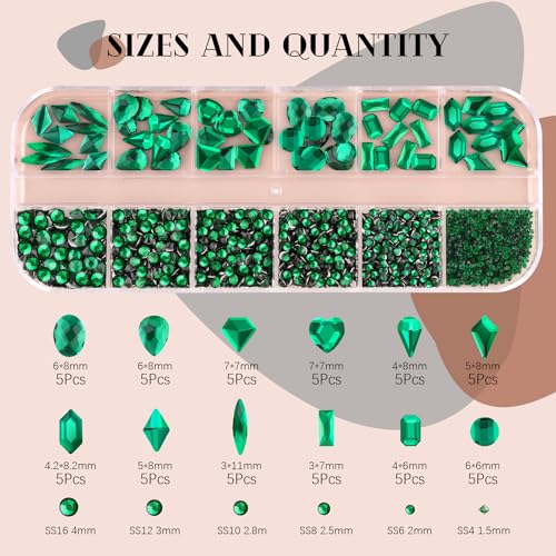 2060Pcs Emerald Green Glass Nail Rhinestones 60Pcs Multi Shapes Flatback Nail Gems + 2000Pcs 1.5-4mm Round Crystal with Rhinestones Glue Gel, Manicure Nail Charms Diamond Gemstone for Nail Art - color: 21 Emerald Green Crystal+ glue, size: 1 pack