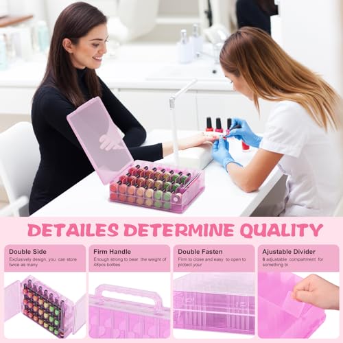 SUBAY Nail Polish Organizer Case for 48 Bottles, Double Side Nail Polish Holder for Storage Display, Portable Nail Polish Storage with 2 Toe Separators, 6 Adjustable Dividers for Space Saver, Pink - size: 1 Piece Pink