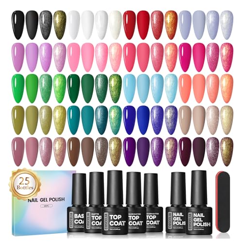 COSCELIA 25PCS Gel Nail Polish Set Fall Colors Gel Nail Polish Soak Off with Glossy Matte Silver Golden Glitter Top Coat Red Brown Black White Green DIY Gifts for Women Girls - color: 25pcs All Seasons Gel Polish