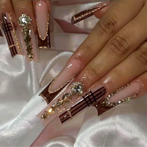 RUOKEXIN 24Pcs Extra Long Square Glitter False Nails with Rhinestones, Brown French Tip, Gold Glitter, Sparkly, Plastic, Glossy, Press On Nails for Women - color: Long Style-C7C2