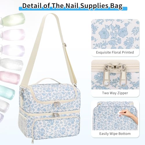 CUBETASTIC Nail Polish Organizer & Storage Bag for 48 Bottles & Full-Size Lamp, Double-Layer Travel Case Box for Nail Supplies, Manicure Kit & Pedicure Tools (Blue Floral, 48 Slots) - color: Blue Floral, size: 48 Slots
