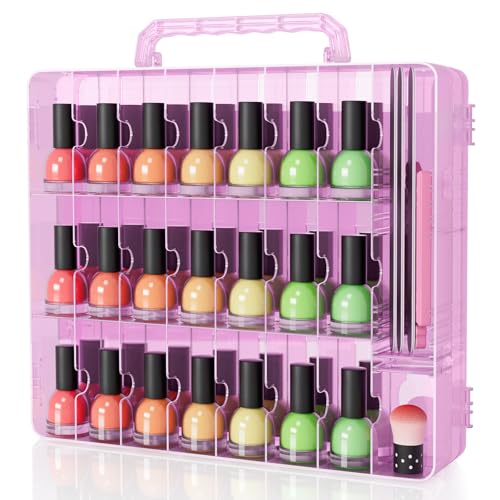 SUBAY Nail Polish Organizer Case for 48 Bottles, Double Side Nail Polish Holder for Storage Display, Portable Nail Polish Storage with 2 Toe Separators, 6 Adjustable Dividers for Space Saver, Pink - size: 1 Piece Pink
