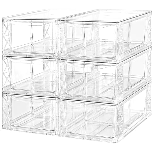 Acrylic Storage Drawers, 6 Pack Clear Stackable Storage Drawers, Acrylic Organizers Drawers for Under Sink, Pantry, Bathroom, Makeup Organizers Cosmetic Display,Classroom Storage Organization, Medium