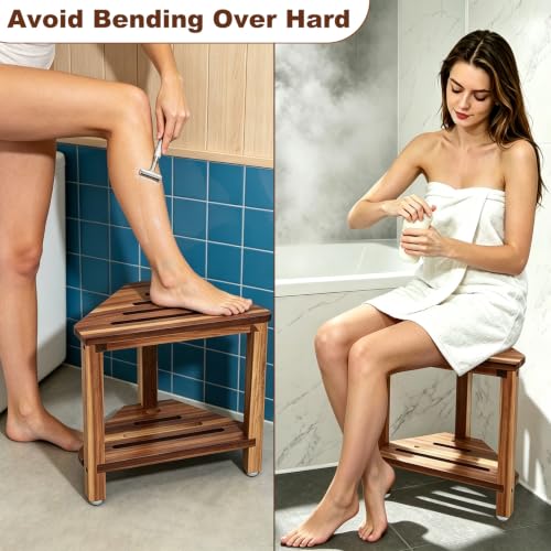 IBosins Corner Shower Stool 14in Small Bench Storage Shelf Natural Finish - color: Natural Finish, size: 14 Inch, style: 2-Tier