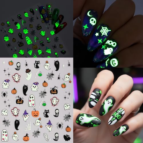 8 Sheets Halloween Glow in The Dark Nail Art Stickers 3D Self-Adhesive Luminous Ghost Heart Spider Web Nail Decals Gothic Skull Spider Pumpkin Supplies Nails Decoration for Women Manicure Accessories - style: fluorescent ghost