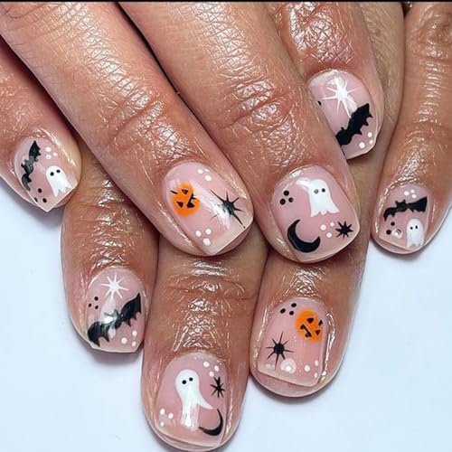 Halloween Press on Nails Cute Little Ghost Pumpkin Designs False Nails Extra Short Square Bats Fake Nails Glue on Nails Pink Glossy Acrylic Nails Full Cover Halloween Stick on Nails for Women 24 Pcs - color: Style 16