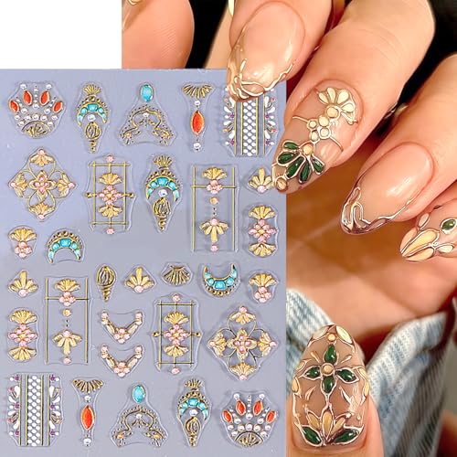 3 Sheets Bohemian Style Nail Decals Embossed Star Nail Art Stickers 5D Self-Adhesive Sun Moon Nail Stickers Flame Heart French Designs Nails Decor Boho Manicure Accessories for Women Nail Supplies - style: Bohemian
