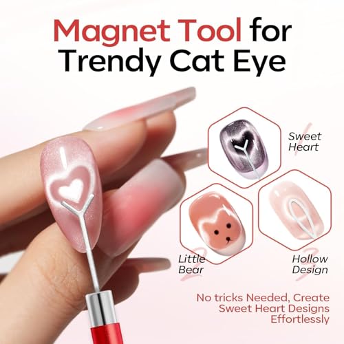 Modelones Cat Eye Magnet 5PCS 3-in-1 Dual-head Magnet Pen Heart Lightning Nail Stuff - color: A1-Red Cat Eye Magnet