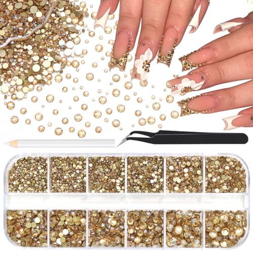 4000Pcs Champagne Gold Flatback Rhinestones for Crafts,6 Sizes Gold Crystal Rhinestone for Nail Gems Jewels Glitter Glass Diamond for Nails Design DIY Face Makeup Tumblers Clothes Stones Decoration - color: Champagne