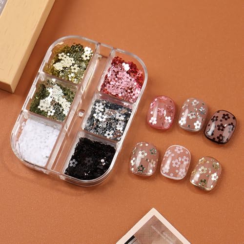 6 Colors Five-petaled Flower Nail Sequins Nail Glitter for Nails Design Fingernail Art Glitters Decorations 3D Fingernail Art Sequins for Women Floral Nails Accessories Manicure Embellishments