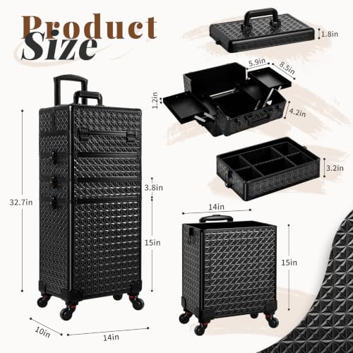 AROUS 5 in 1 Rolling Makeup Train Case with Lid Cosmetology Case on Wheels - color: Black