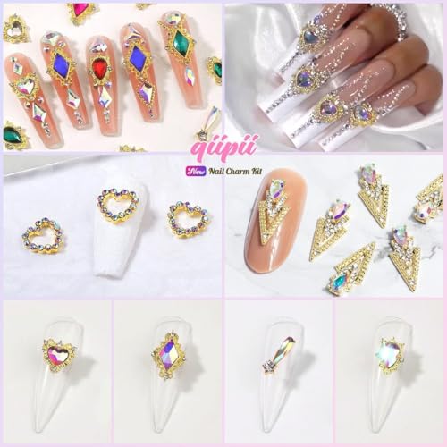 qiipii 24pcs Crystal AB Luxury Nail Charms +2000pcs Crystal White AB Rhinestones 3D Big Nail Gems K9 Glass Nail Crystals Diamonds Jewels Stones Alloy Nail Art Studs Decor Supplies for Nails Crafts DIY - color: Luxury Charms - Crystal AB, size: 2 Box