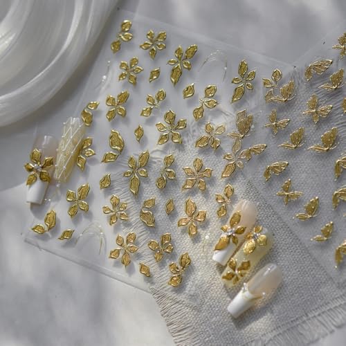 5D Embossed Nail Stickers, Premium Salon-Quality Self-Adhesive 3D Nail Art Decals, Refined Classic Designs for Easy DIY Manicure (Golden Flora) - color: Golden Flora
