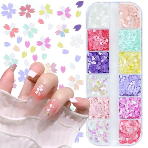 12 Colors Flowers Nail Art Glitter Sequins Cherry Blossoms Nails Accessories 3D Holographic Petal Nail Glitter Flakes Design Acrylic Nail Art Supplies for Women Girls Summer Nail Decoration - color: 12 colors