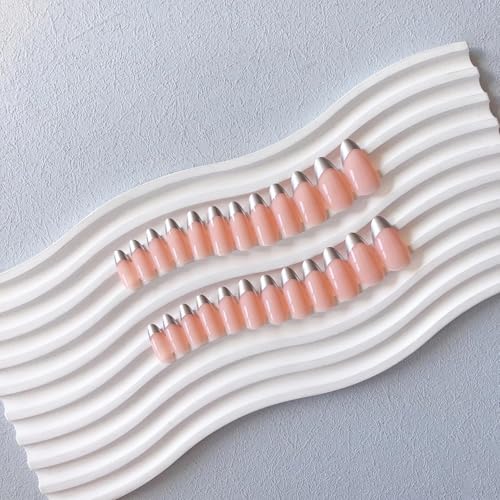 Silver French Tip Press On Nails Medium Almond, Fake Nails French Nails Press ons Acrylic Nails Glue on Nails Medium, Natural Short Almond Nails False Nails for Women in 12 Sizes 24 Pcs - color: almond chrome silver