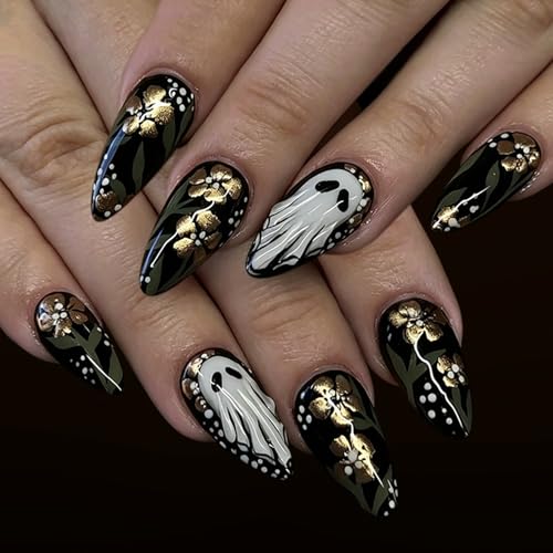 Halloween Press On Nails Medium Almond Fake Nails Holiday Stick On Nail Press Ons With Ghost Gold Flower Design Acrylic False Nails Glossy Glue On Nails For Women - color: Halloween nails-8