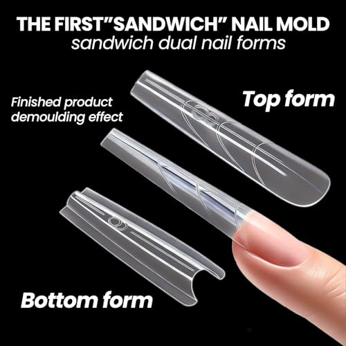 Sandwich Nail Dual Forms - 240Pcs | Almond Round Shape Nail Extension Kit with Alignment Guides | Reusable Mold for Builder Gel & Polygel (Long coffin shape) - color: Long coffin shape